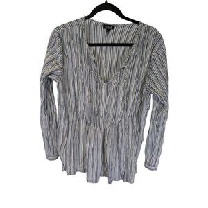 ANA Blouse Blue White Striped V-Neck Tie Neck Long Sleeves Cotton Women's L